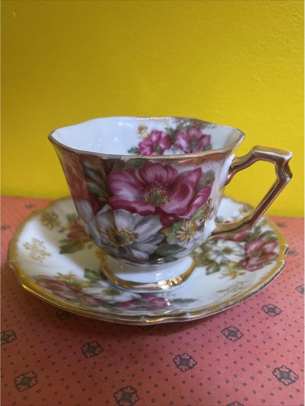 Vintage Castle Bone China Japan Gold Floral Gilded Teacup Saucer Aristocrat